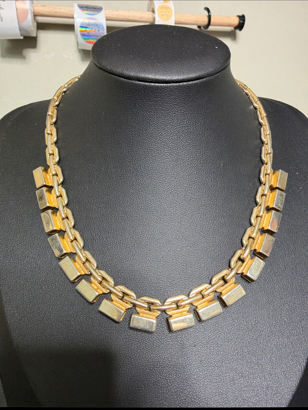 VTG Signed Sperry Double-Row Gold Link Necklace Rectangular Accents